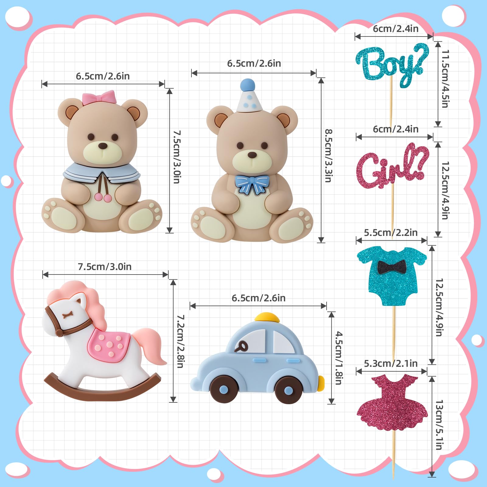 Zafena 8-Piece Gender Reveal Cake Topper Set – Bear, Train, Rocking Horse & Boy-or-Girl Decor