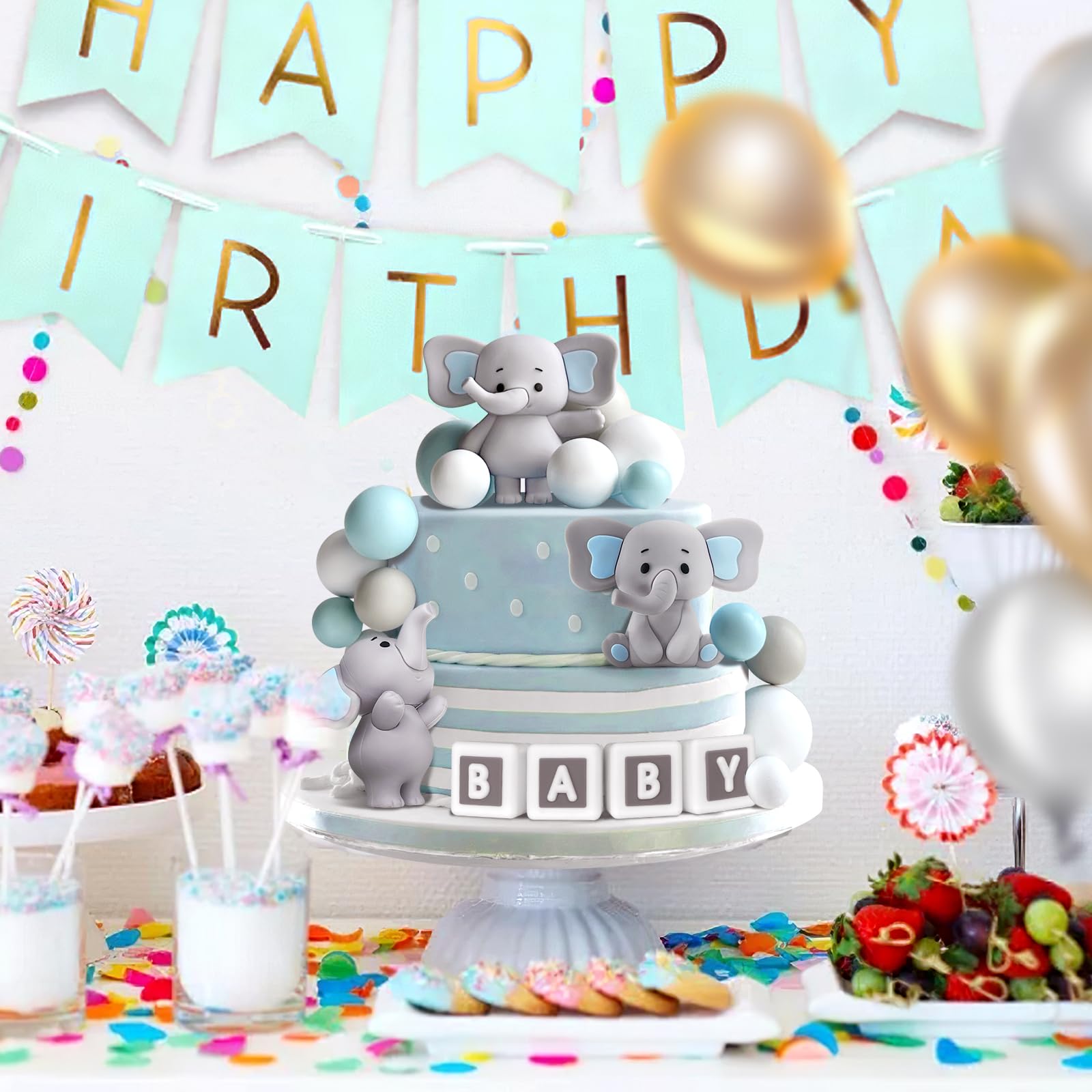 Zafena 28 Pcs Elephant Cake Topper Set | Blue Ears, Pearl Balls & Square Toppers