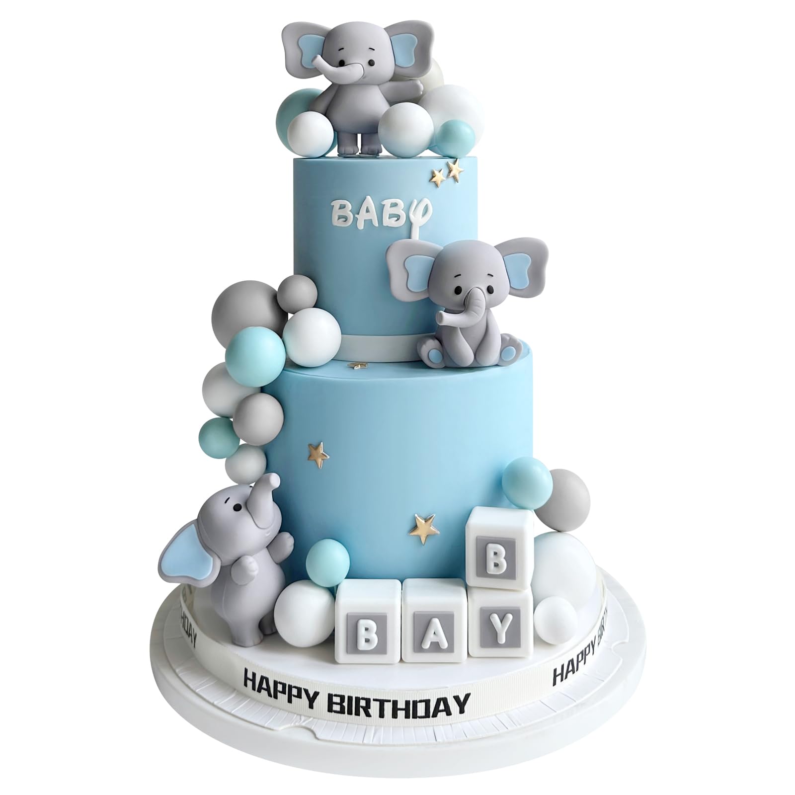 Zafena 28 Pcs Elephant Cake Topper Set | Blue Ears, Pearl Balls & Square Toppers