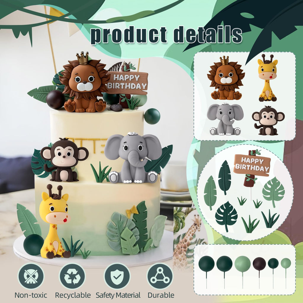 Zafena 19pcs Safari Animal Cake Topper Set – Jungle Birthday Party Decorations