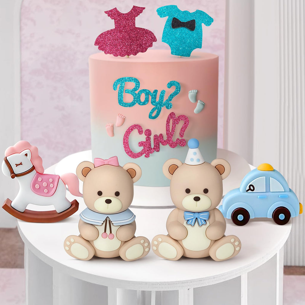 Zafena 8-Piece Gender Reveal Cake Topper Set – Bear, Train, Rocking Horse & Boy-or-Girl Decor