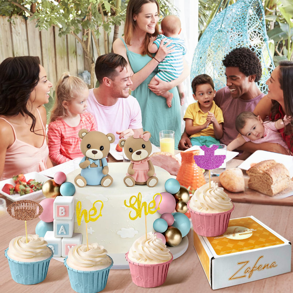 Zafena 34‑Piece Gender Reveal Cake Topper Set – Bear Ball Toppers, He/She, Baby Square & Ball Decor