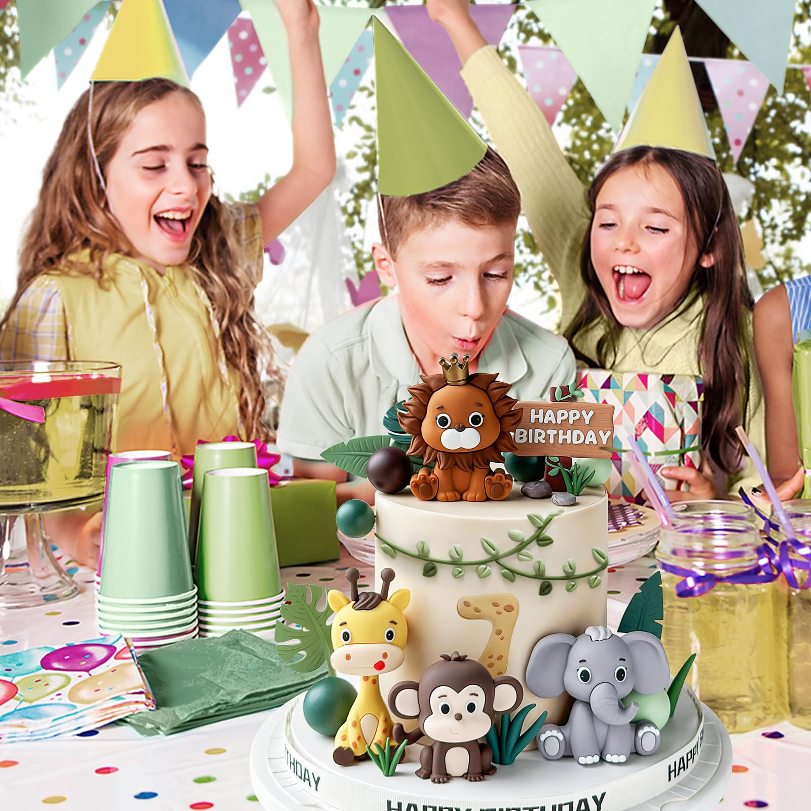 Zafena 19pcs Safari Animal Cake Topper Set – Jungle Birthday Party Decorations