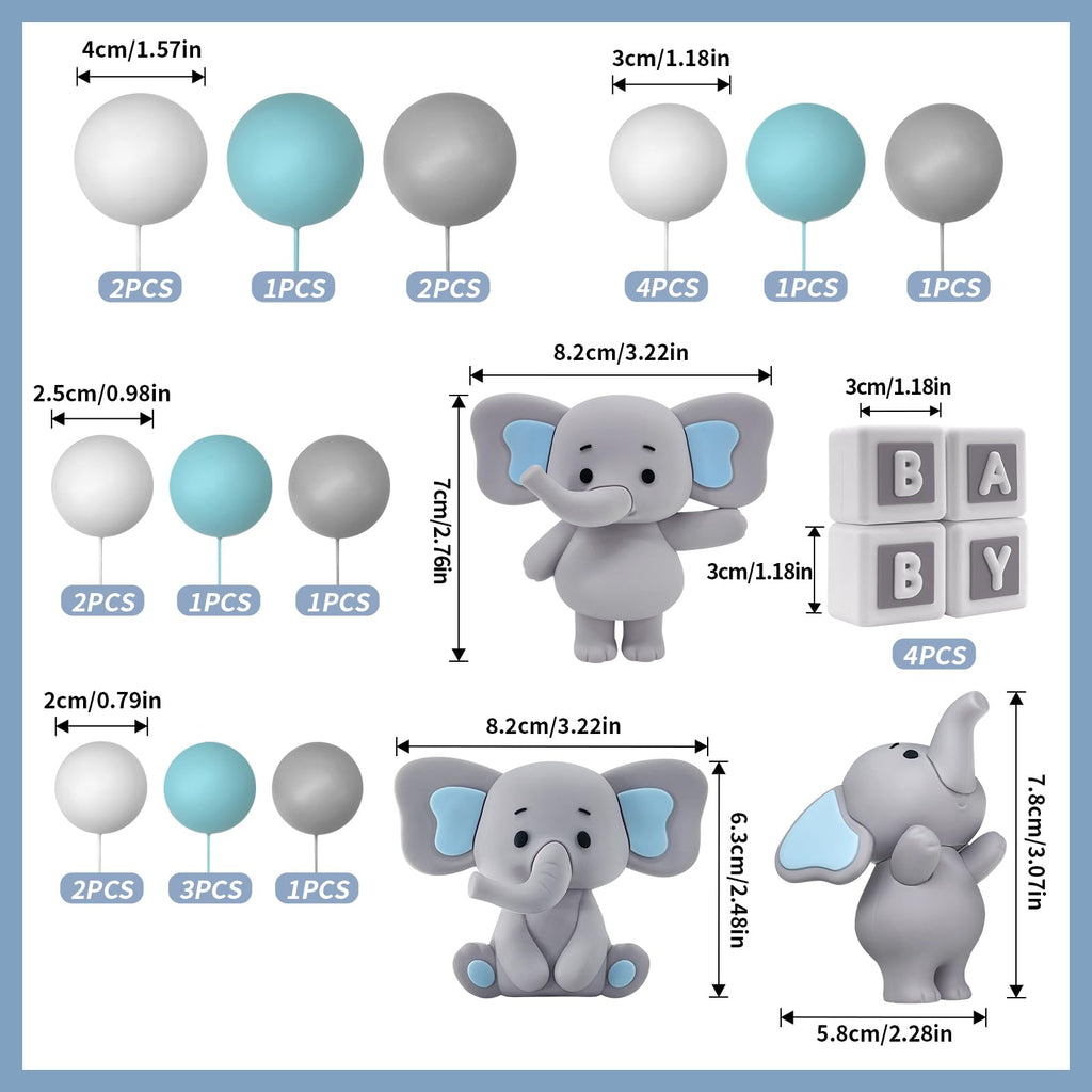 Zafena 28 Pcs Elephant Cake Topper Set | Blue Ears, Pearl Balls & Square Toppers