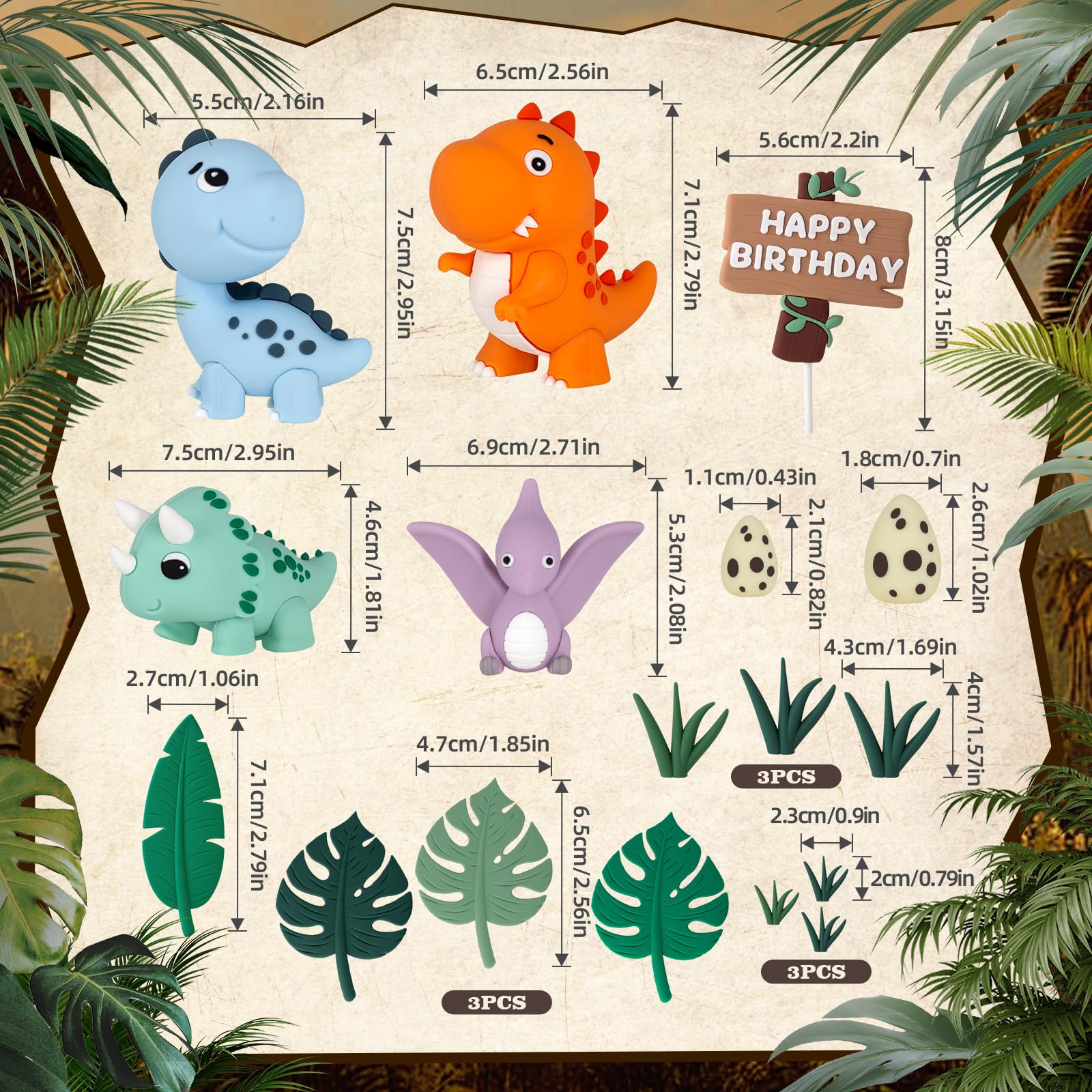 Zafena 17Pcs Dinosaur Cake Topper Set — Safari Birthday Party Decorations