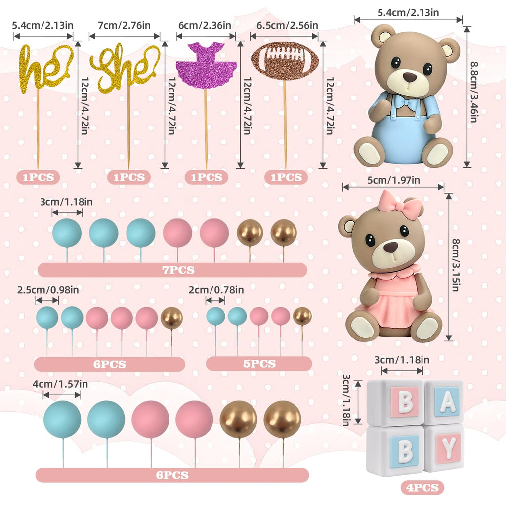 Zafena 34‑Piece Gender Reveal Cake Topper Set – Bear Ball Toppers, He/She, Baby Square & Ball Decor