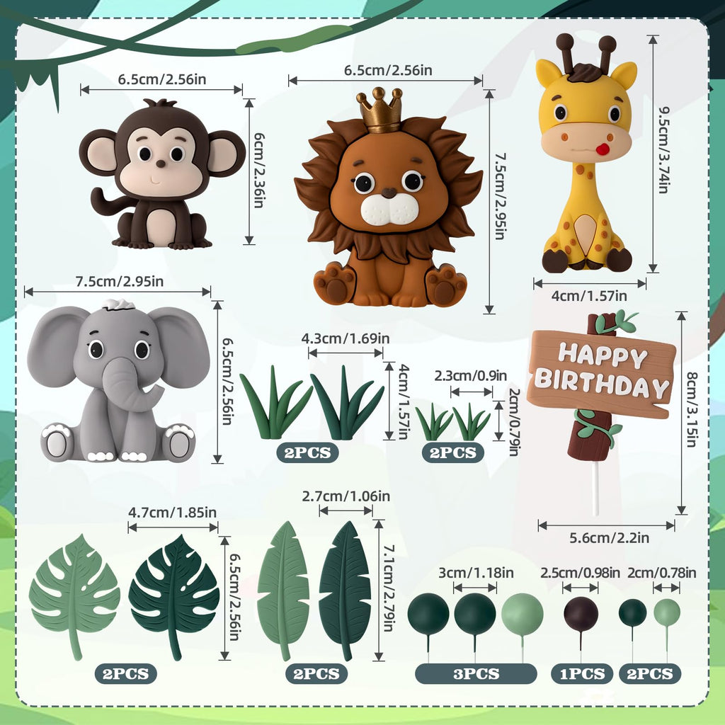 Zafena 19pcs Safari Animal Cake Topper Set – Jungle Birthday Party Decorations