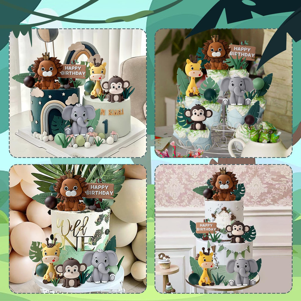 Zafena 19pcs Safari Animal Cake Topper Set – Jungle Birthday Party Decorations