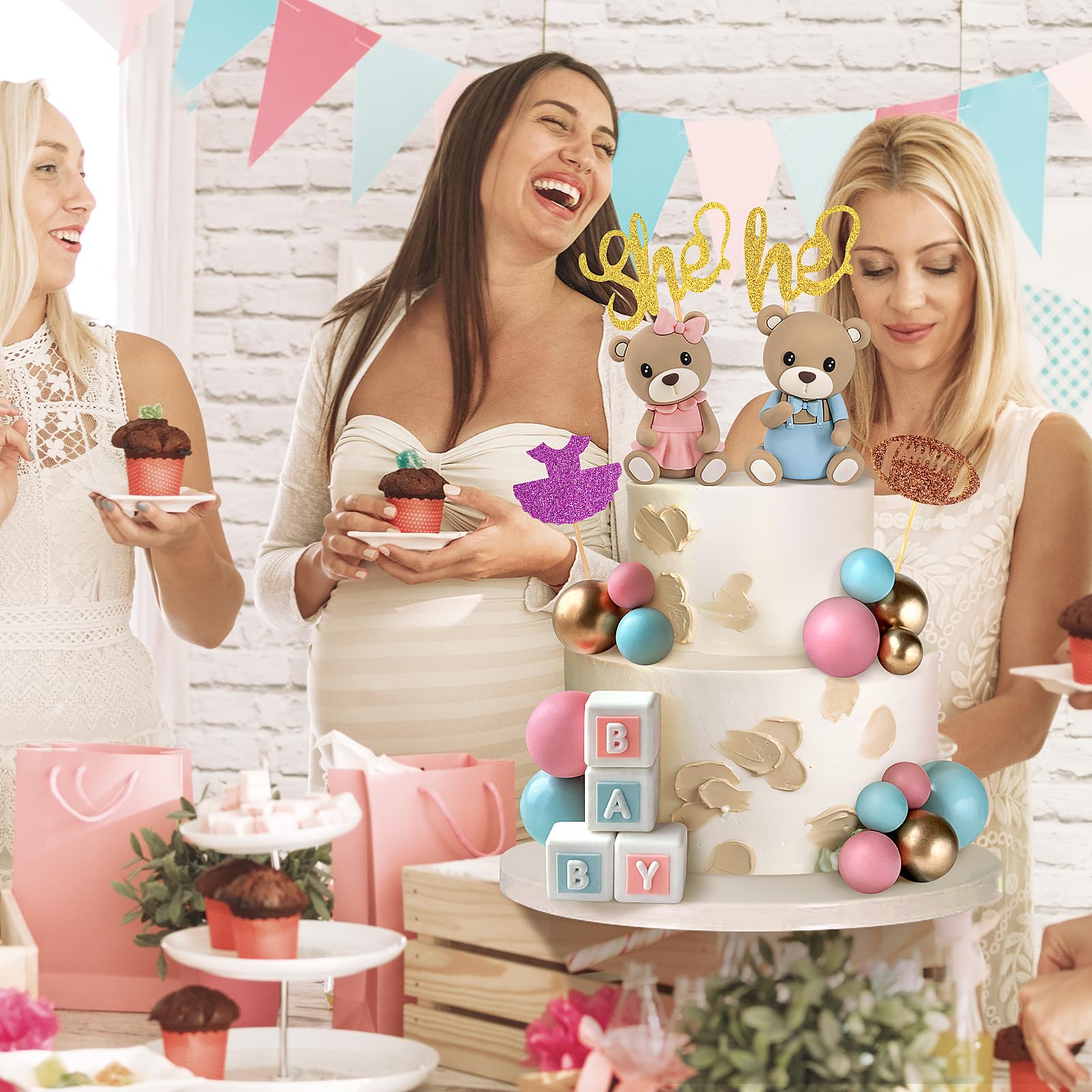 Zafena 34‑Piece Gender Reveal Cake Topper Set – Bear Ball Toppers, He/She, Baby Square & Ball Decor