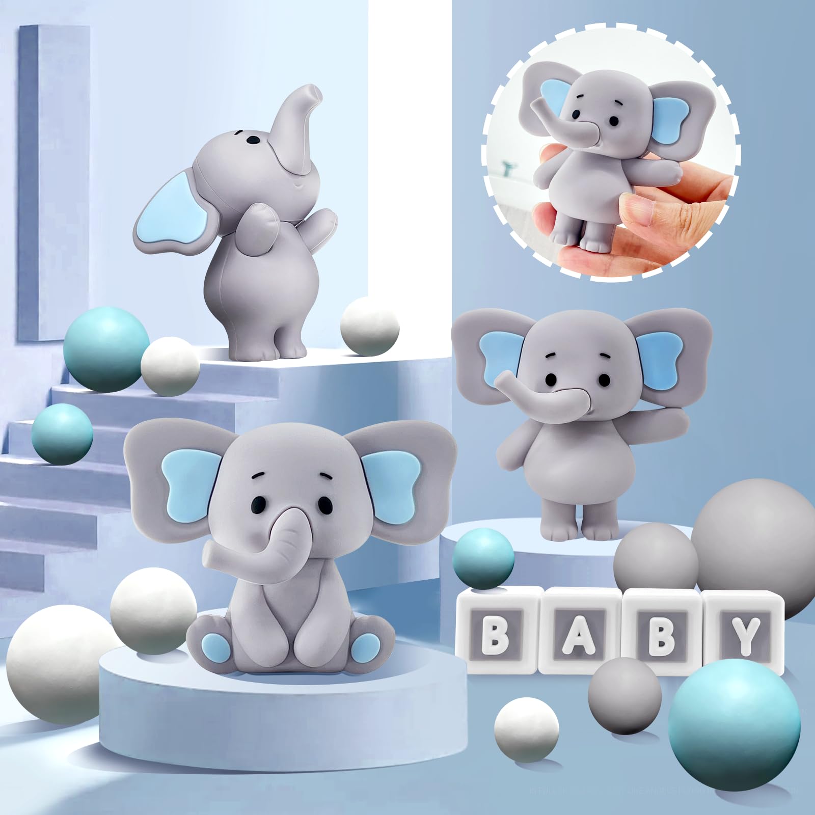 Zafena 28 Pcs Elephant Cake Topper Set | Blue Ears, Pearl Balls & Square Toppers