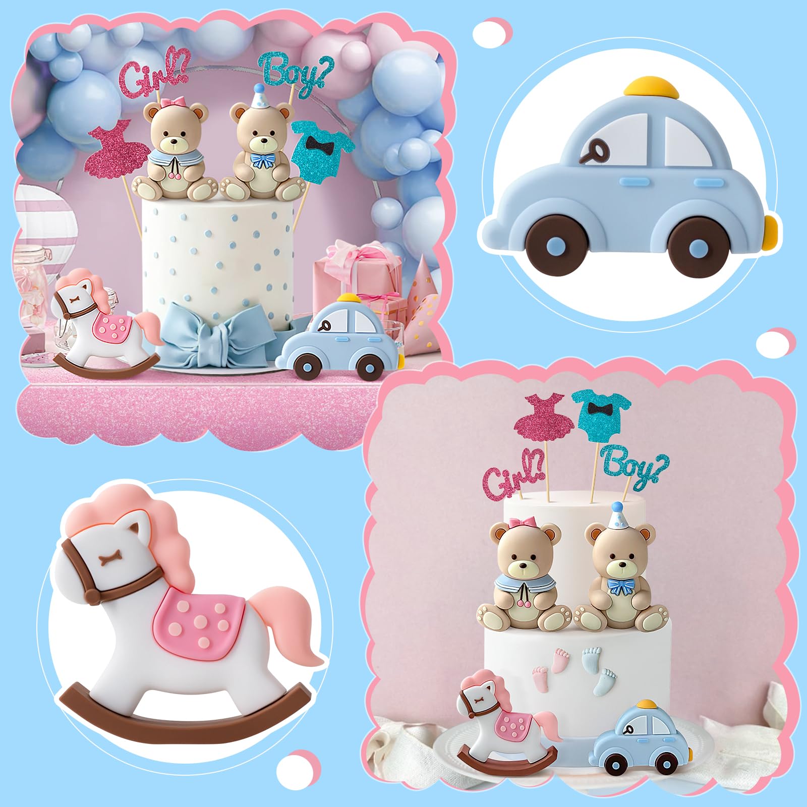 Zafena 8-Piece Gender Reveal Cake Topper Set – Bear, Train, Rocking Horse & Boy-or-Girl Decor