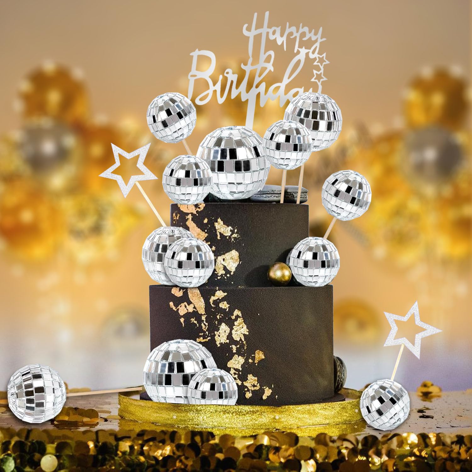 Zaycca 36 Pcs Disco Ball Cake Toppers – 70s Retro Party Decorations & Mirror Ball Picks