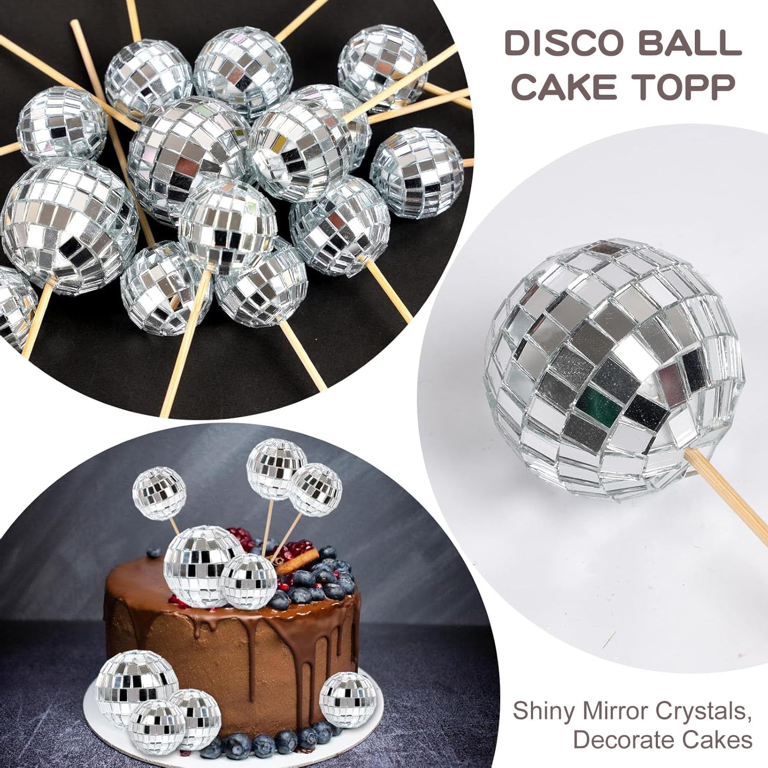 Zaycca 36 Pcs Disco Ball Cake Toppers – 70s Retro Party Decorations & Mirror Ball Picks