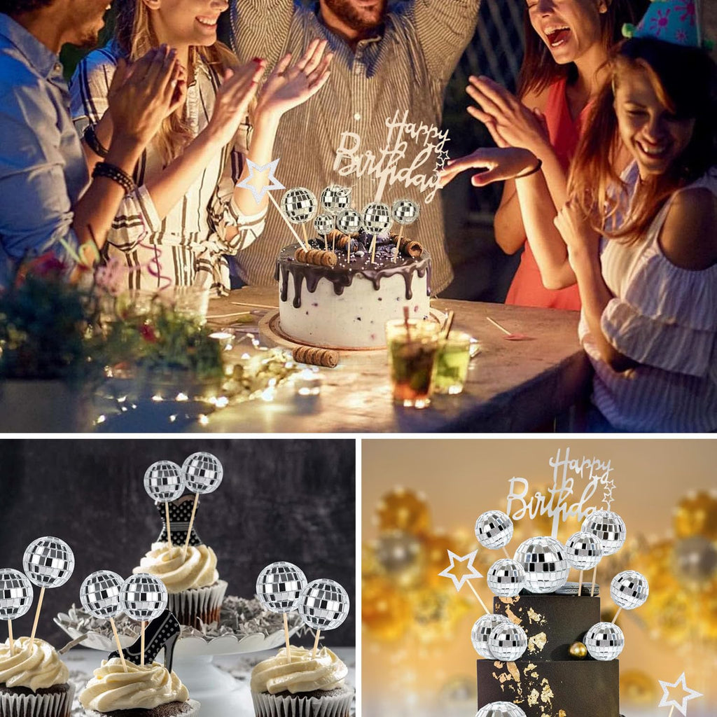 Zaycca 36 Pcs Disco Ball Cake Toppers – 70s Retro Party Decorations & Mirror Ball Picks