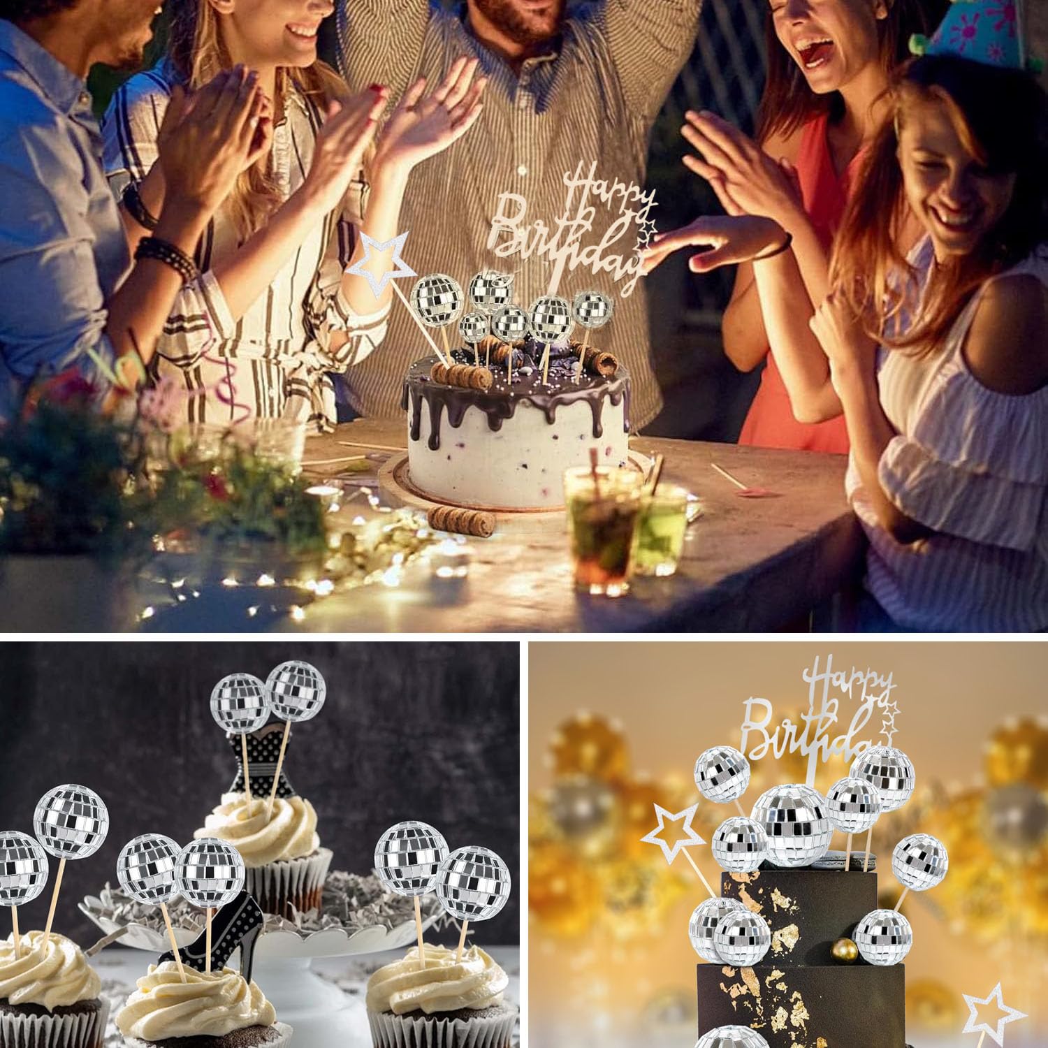 Zaycca 36 Pcs Disco Ball Cake Toppers – 70s Retro Party Decorations & Mirror Ball Picks