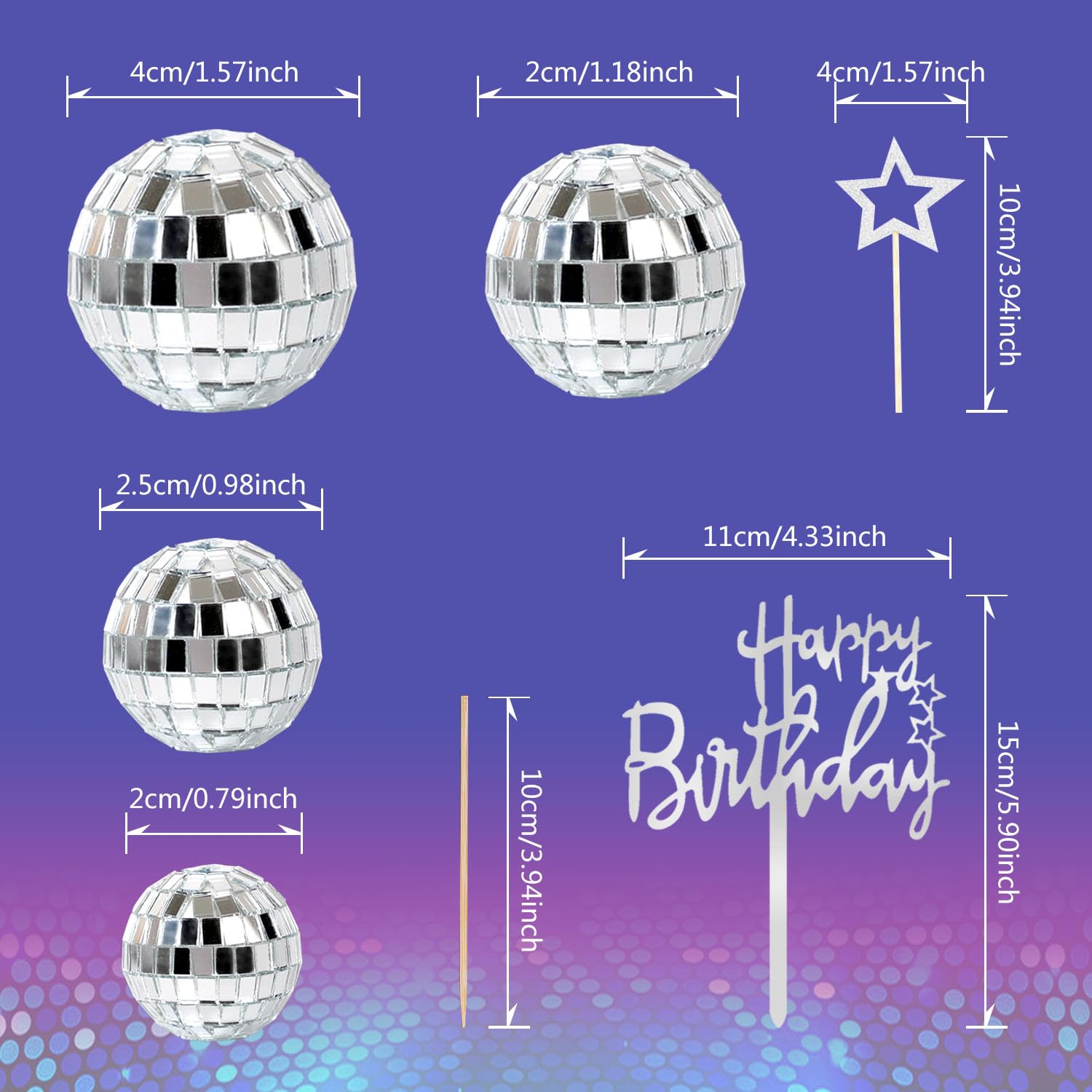 Zaycca 36 Pcs Disco Ball Cake Toppers – 70s Retro Party Decorations & Mirror Ball Picks