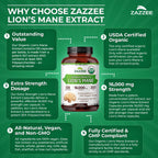 Zazzee USDA Organic Lion's Mane 20:1 Extract – 16,000 mg per Capsule, 120 Vegan Capsules, Made in USA