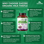 Zazzee USDA Organic Milk Thistle 30:1 Extract – 7500 mg per Capsule, 180 Vegan Capsules, 80% Silymarin, USA Made