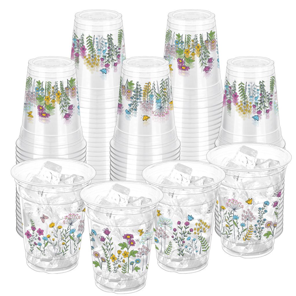 ZCPTZ 100 Pcs Wildflower 12oz Floral Plastic Cups – Vintage Floral Party Cups