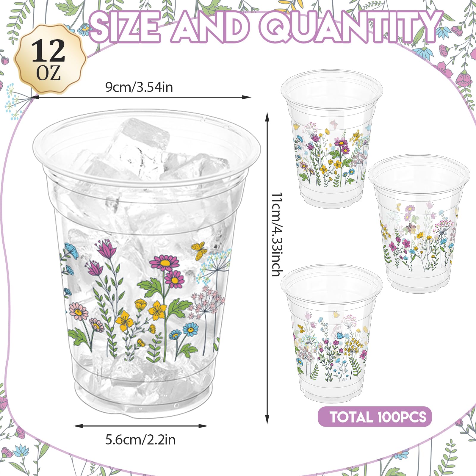 ZCPTZ 100 Pcs Wildflower 12oz Floral Plastic Cups – Vintage Floral Party Cups