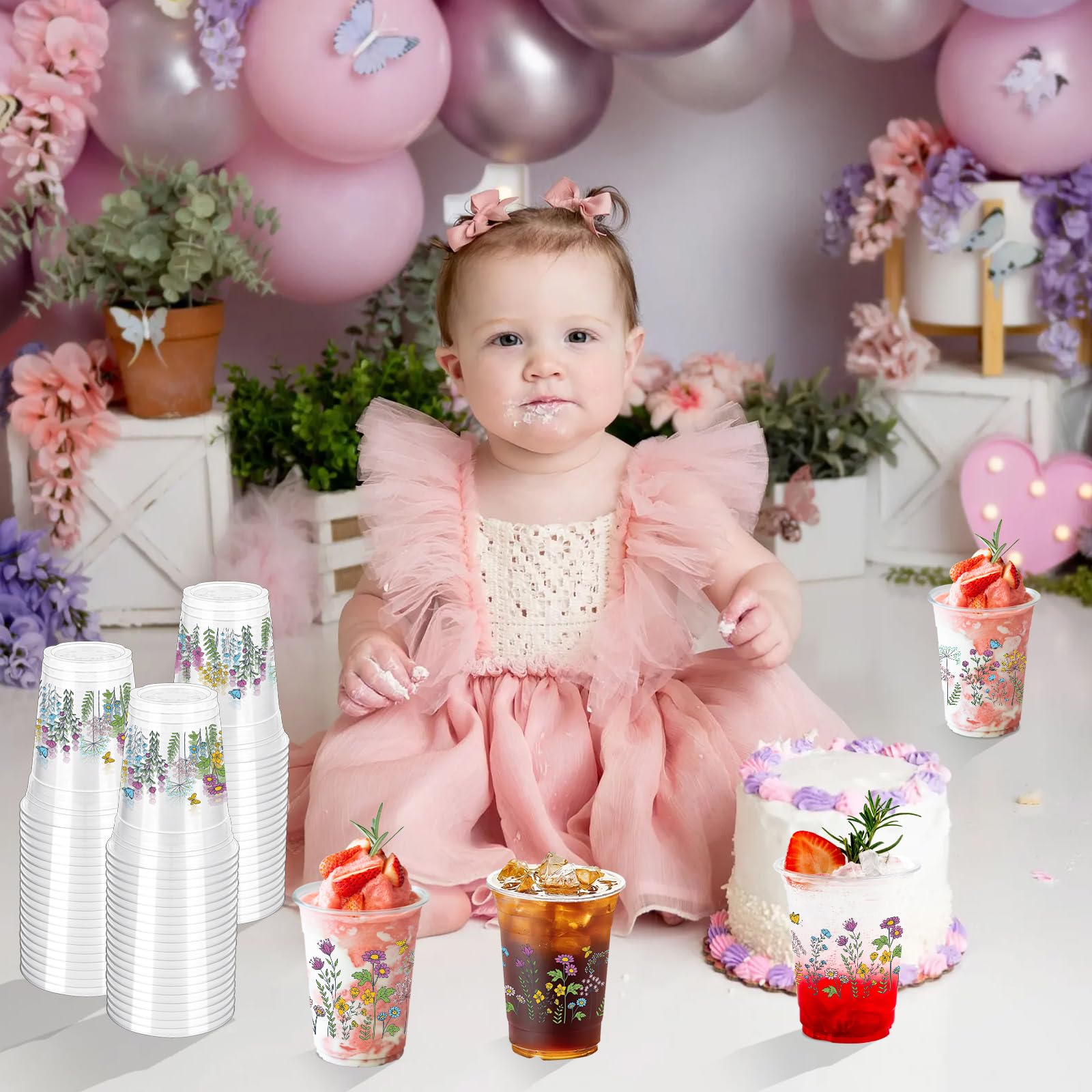 ZCPTZ 100 Pcs Wildflower 12oz Floral Plastic Cups – Vintage Floral Party Cups