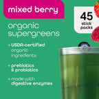 Zena Nutrition Organic Super Greens Powder – 70+ Superfoods, 0 Sugar, 5g Fiber, Mixed Berry, 45 Stick Packets