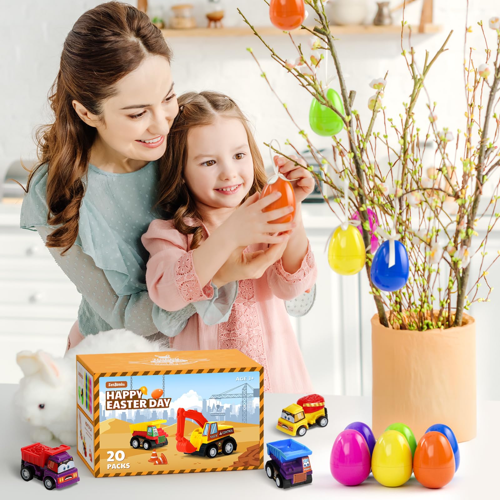 ZenBombs Easter Eggs with Toys Inside - 20pcs Colorful Plastic Eggs for Kids – Surprise Vehicles for Easter Hunt & Party Favors