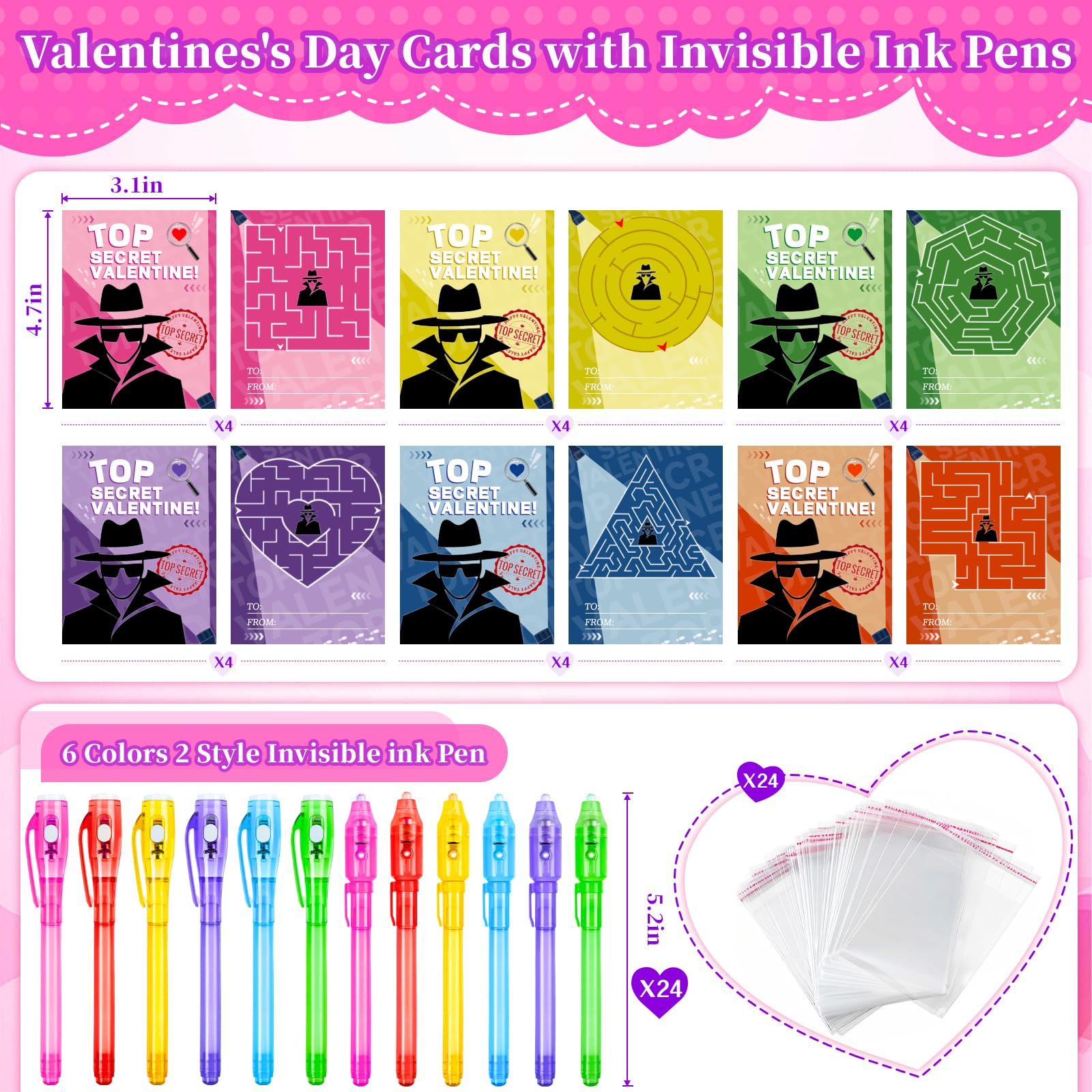 Zenoble 24-Pack Valentines Day Cards for Kids with Spy Pens – Classroom Exchange & Party Favors