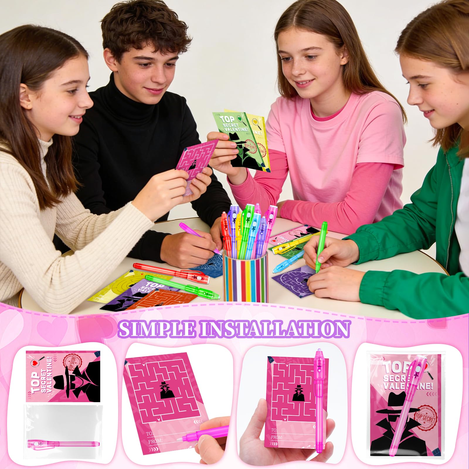 Zenoble 24-Pack Valentines Day Cards for Kids with Spy Pens – Classroom Exchange & Party Favors
