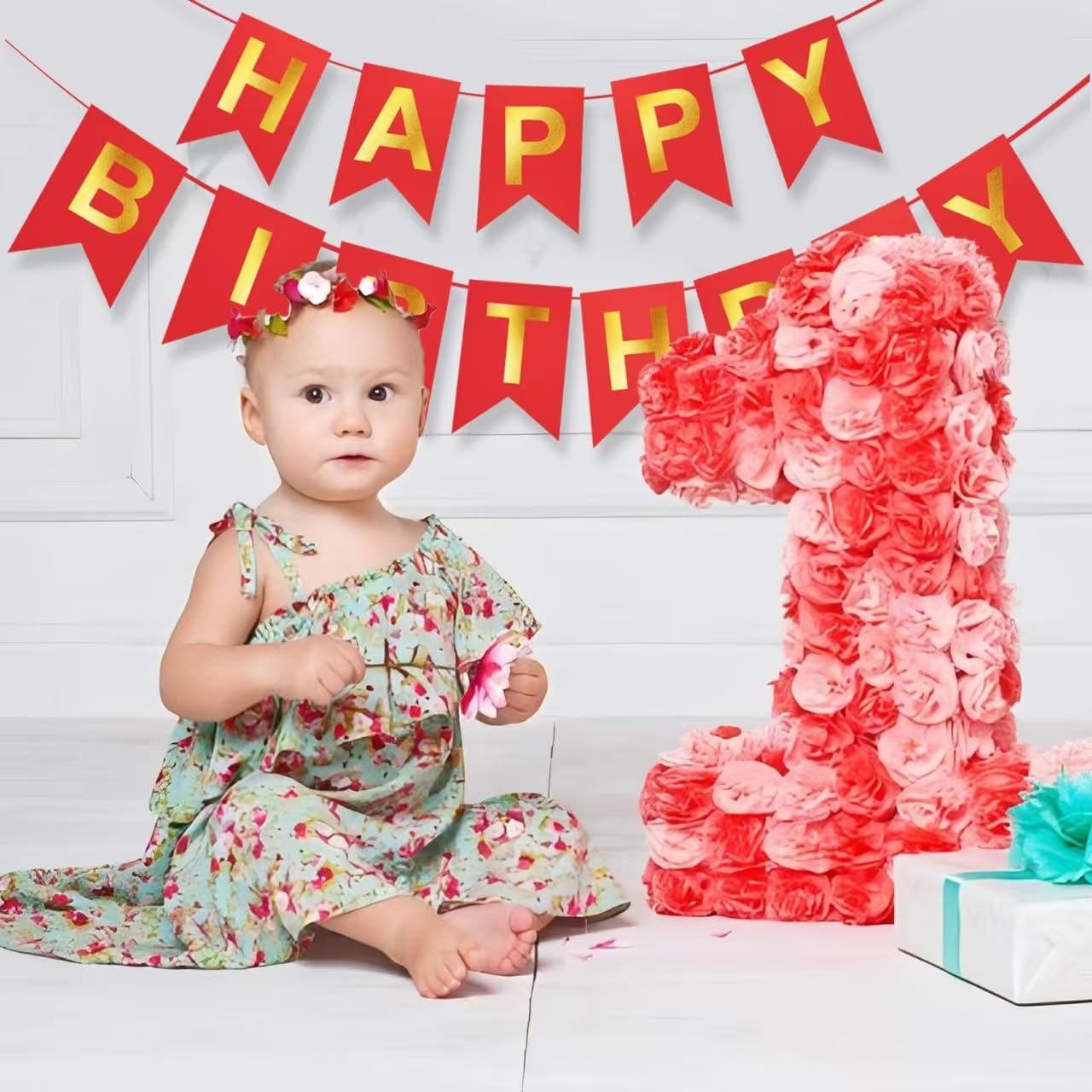 ZGIMI Red Happy Birthday Banner – 16 ft Pre-Strung Gold & Red Party Decoration for Indoor & Outdoor Celebrations