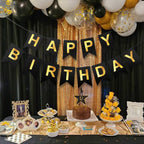 ZGIMI Happy Birthday Banner - Pre-Strung Black & Gold 16ft Party Decorations