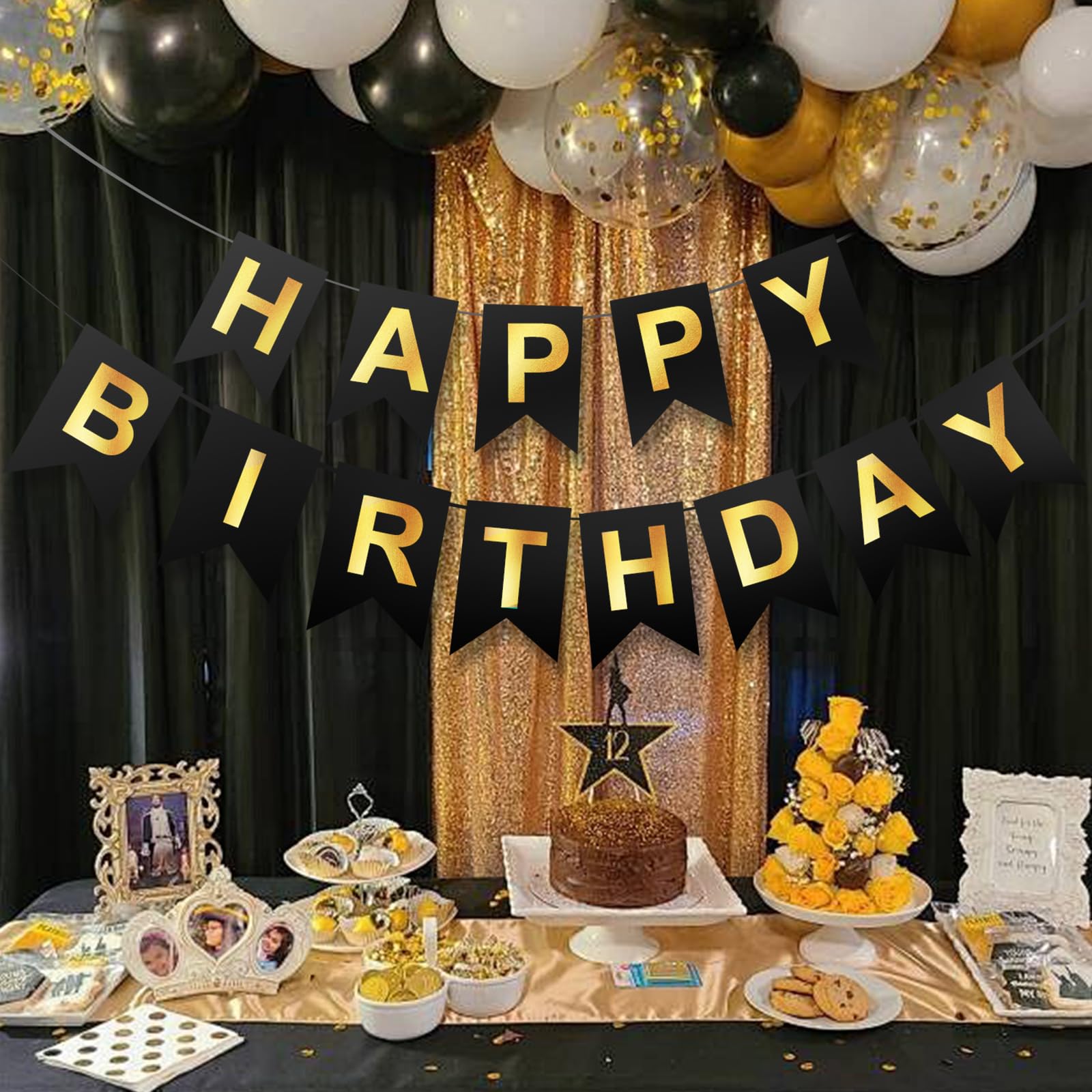 ZGIMI Happy Birthday Banner - Pre-Strung Black & Gold 16ft Party Decorations