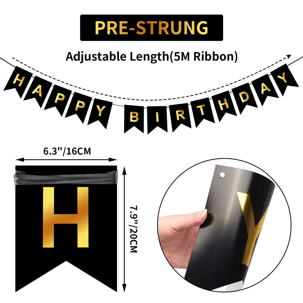 ZGIMI Happy Birthday Banner - Pre-Strung Black & Gold 16ft Party Decorations