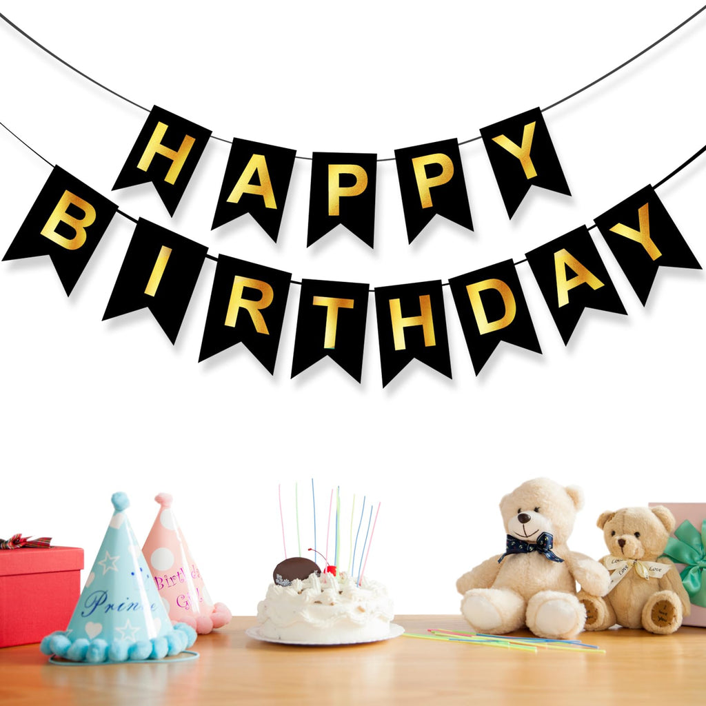 ZGIMI Happy Birthday Banner - Pre-Strung Black & Gold 16ft Party Decorations