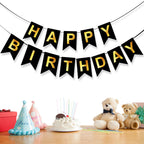 ZGIMI Happy Birthday Banner - Pre-Strung Black & Gold 16ft Party Decorations