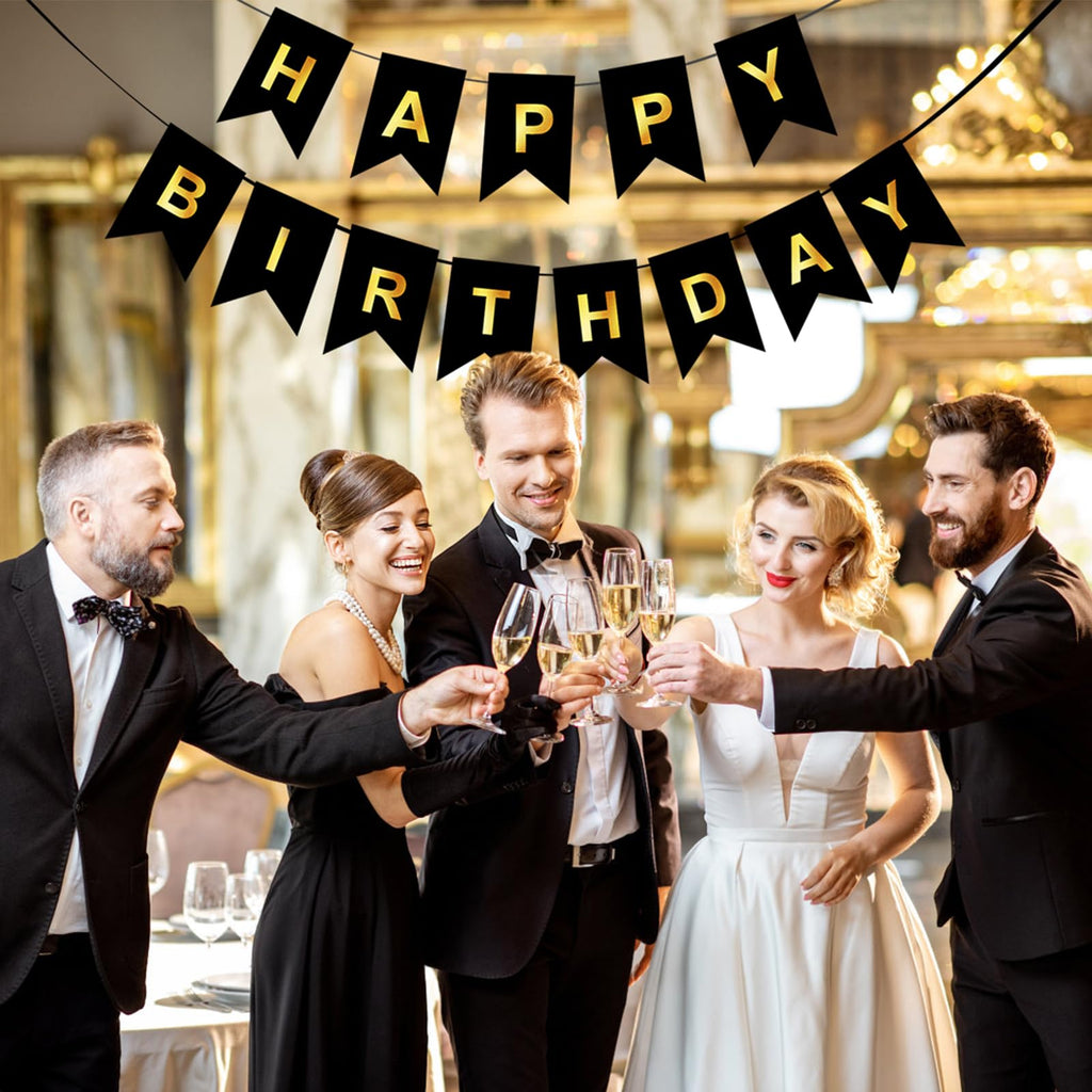 ZGIMI Happy Birthday Banner - Pre-Strung Black & Gold 16ft Party Decorations