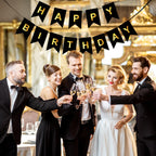 ZGIMI Happy Birthday Banner - Pre-Strung Black & Gold 16ft Party Decorations