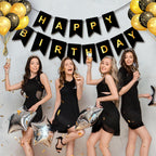 ZGIMI Happy Birthday Banner - Pre-Strung Black & Gold 16ft Party Decorations