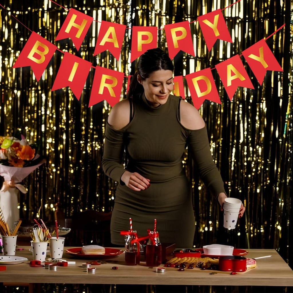 ZGIMI Red Happy Birthday Banner – 16 ft Pre-Strung Gold & Red Party Decoration for Indoor & Outdoor Celebrations