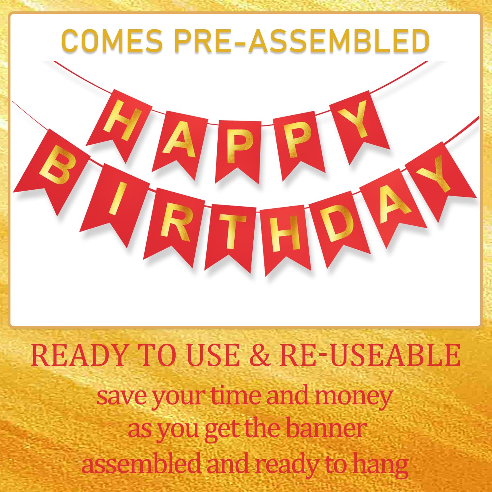 ZGIMI Red Happy Birthday Banner – 16 ft Pre-Strung Gold & Red Party Decoration for Indoor & Outdoor Celebrations