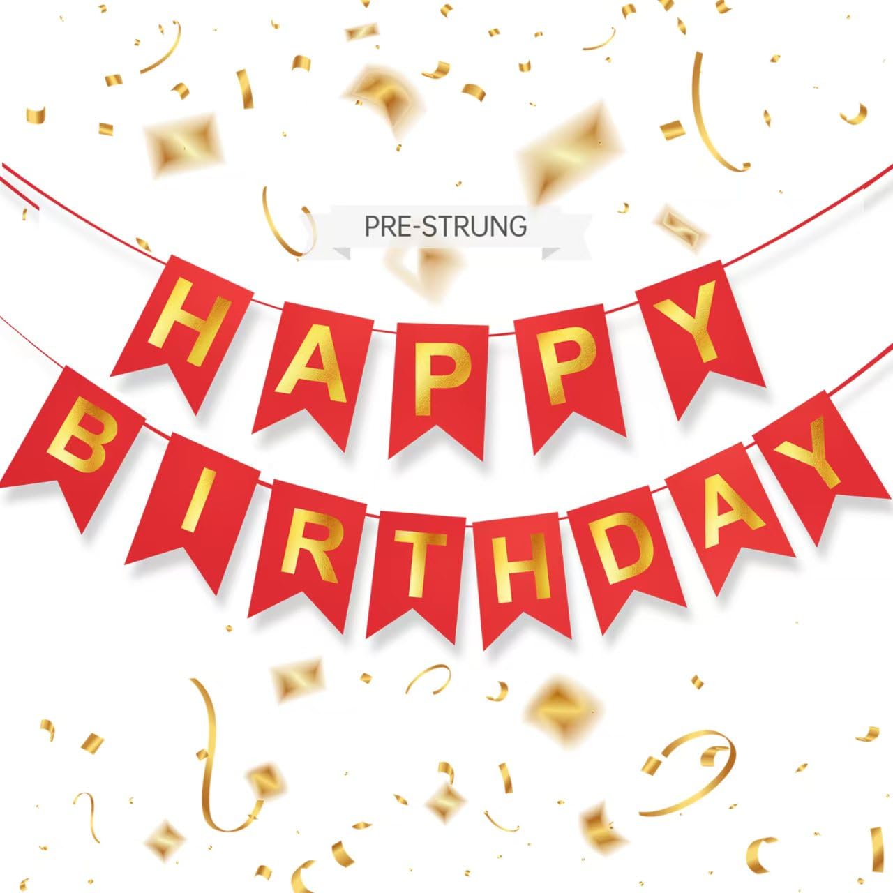 ZGIMI Red Happy Birthday Banner – 16 ft Pre-Strung Gold & Red Party Decoration for Indoor & Outdoor Celebrations