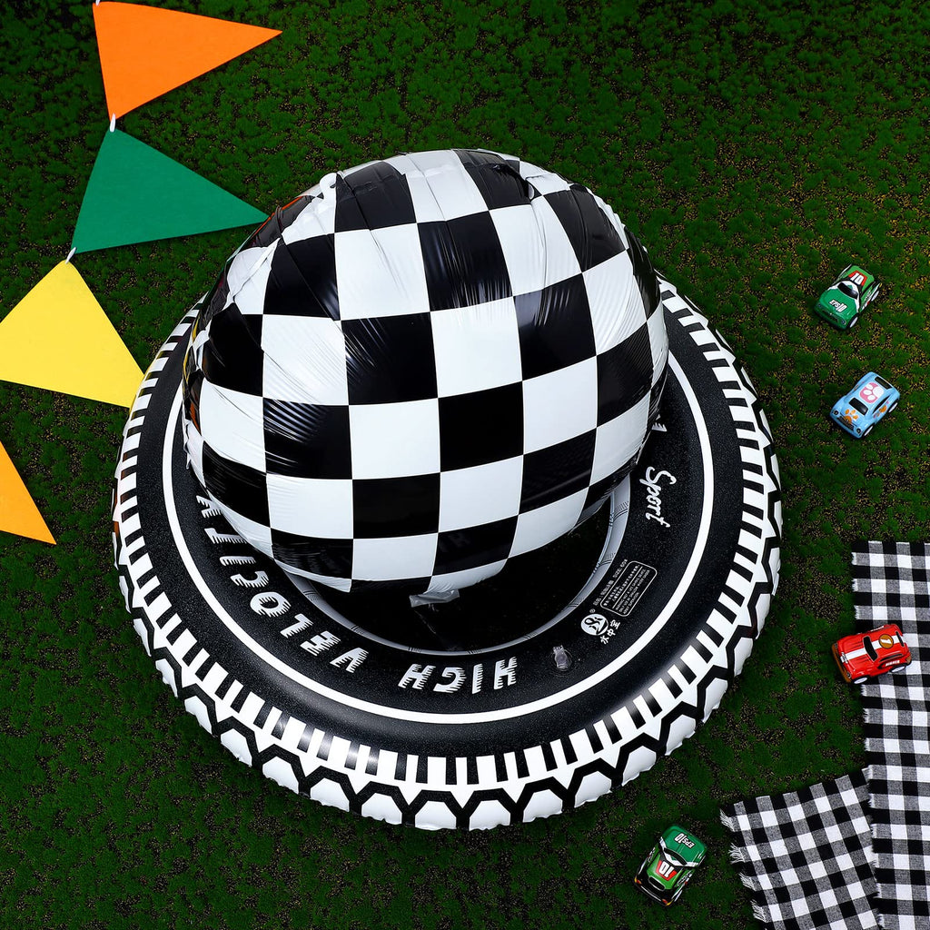 Zhanmai 14-Piece Car Decorations Set - Racing Cars Birthday Party Supplies, 18-Inch Plaid Balloons & Tire Floats