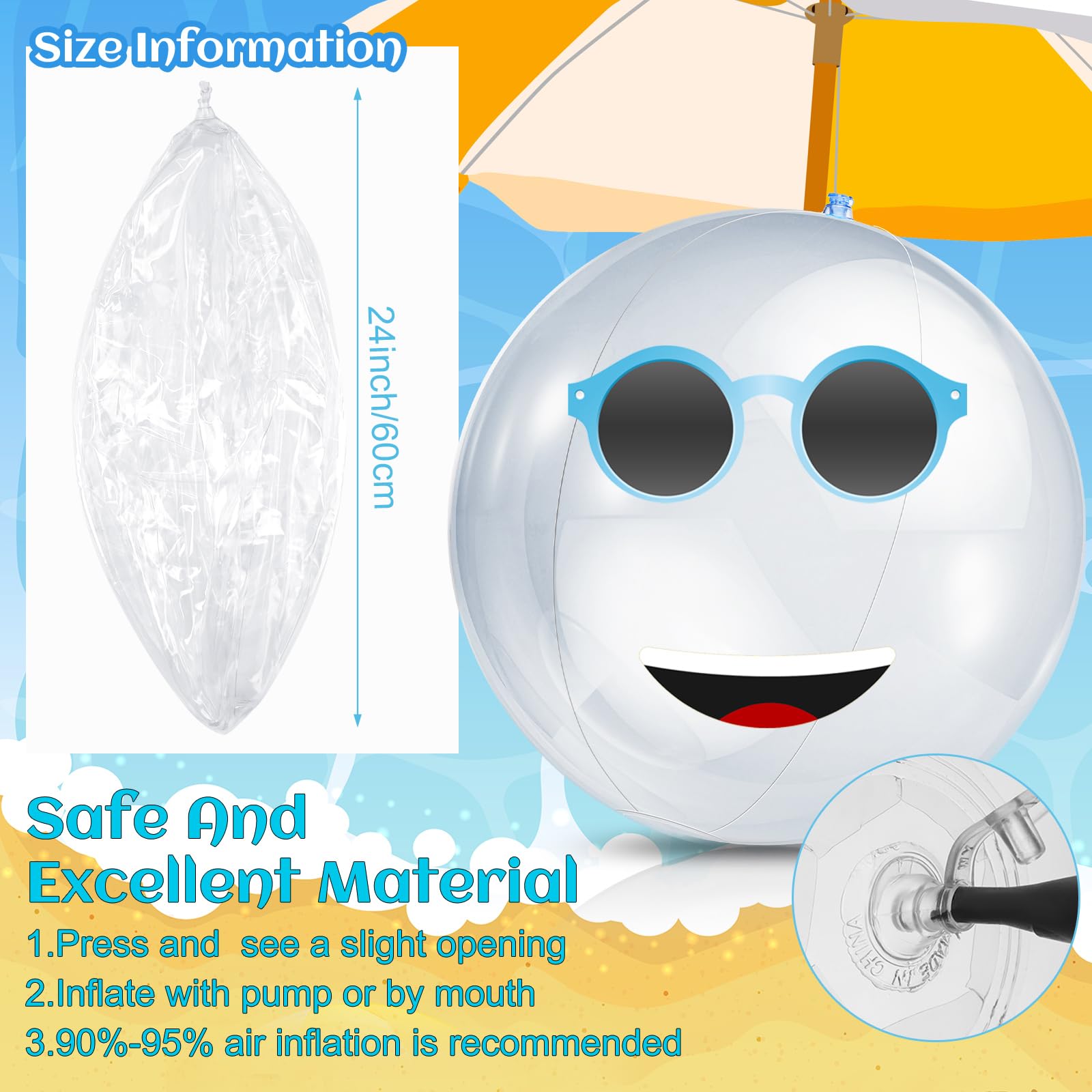 Zhanmai 6-Piece Clear Beach Ball Set — 24-Inch Inflatable Pool Balloons for Beach & Luau Decor