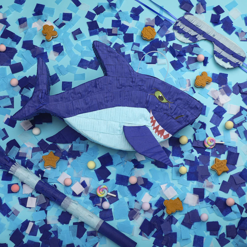 Zhanmai Shark Piñata – 15.7in Ocean Party Kit with Blindfold, Bat & Confetti