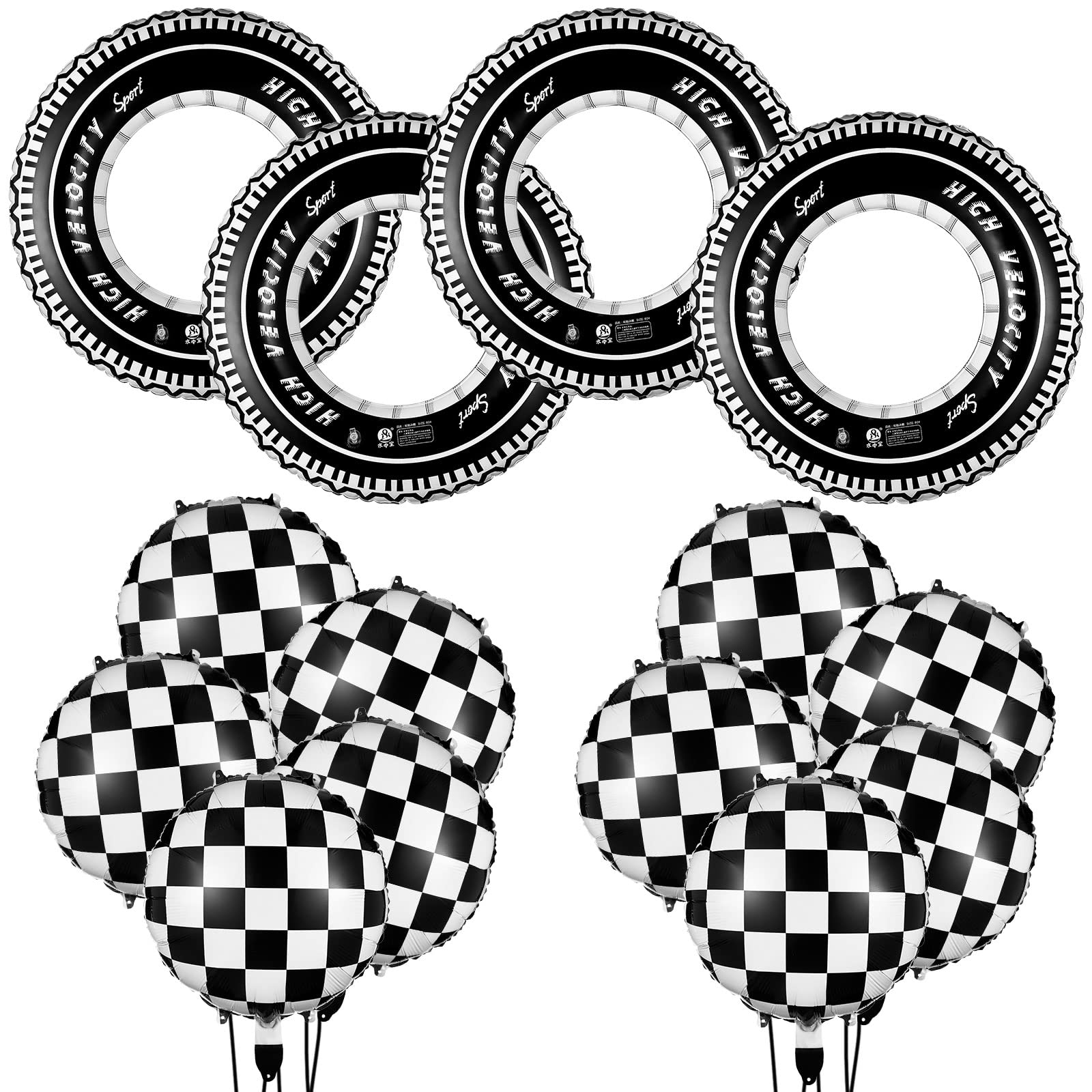 Zhanmai 14-Piece Car Decorations Set - Racing Cars Birthday Party Supplies, 18-Inch Plaid Balloons & Tire Floats