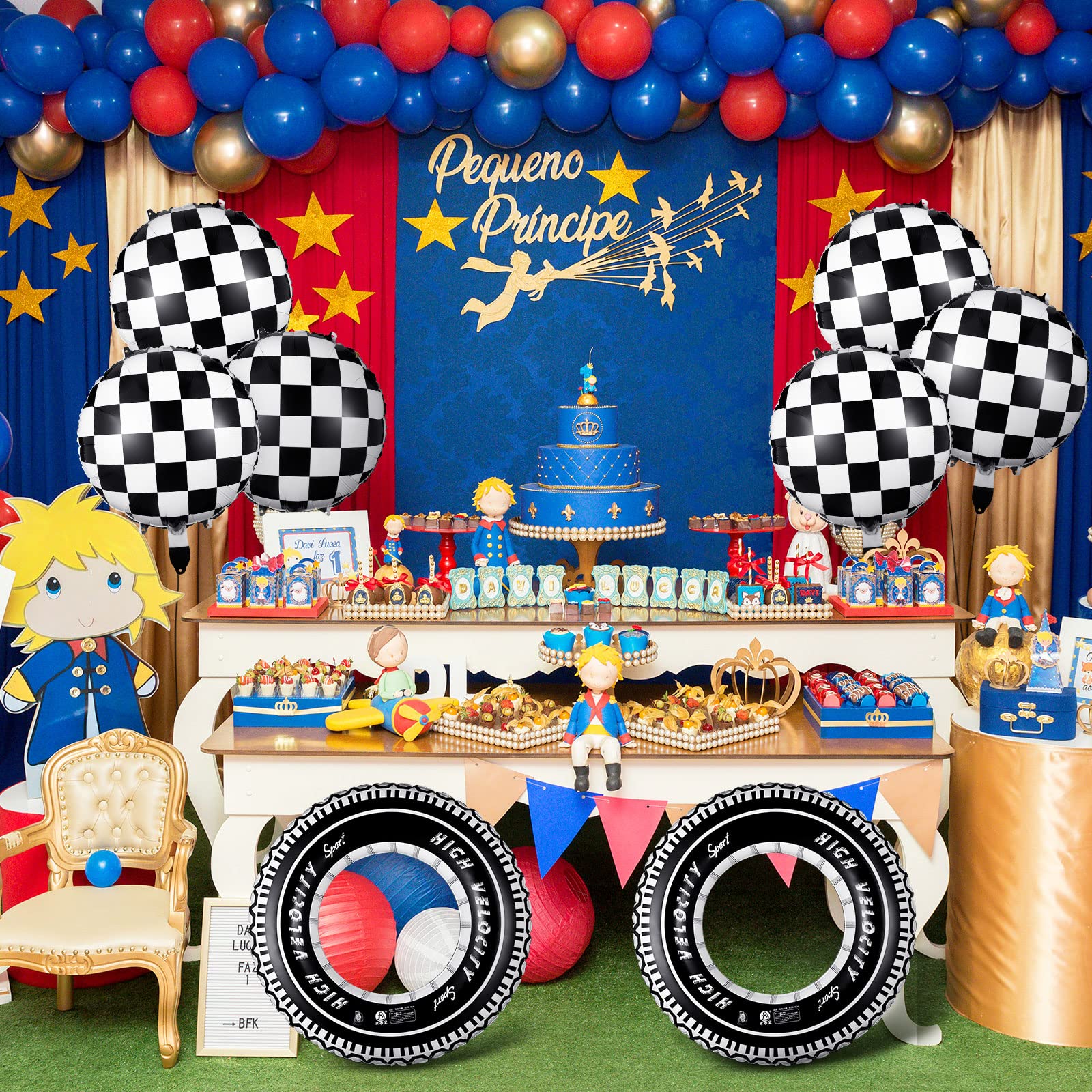 Zhanmai 14-Piece Car Decorations Set - Racing Cars Birthday Party Supplies, 18-Inch Plaid Balloons & Tire Floats