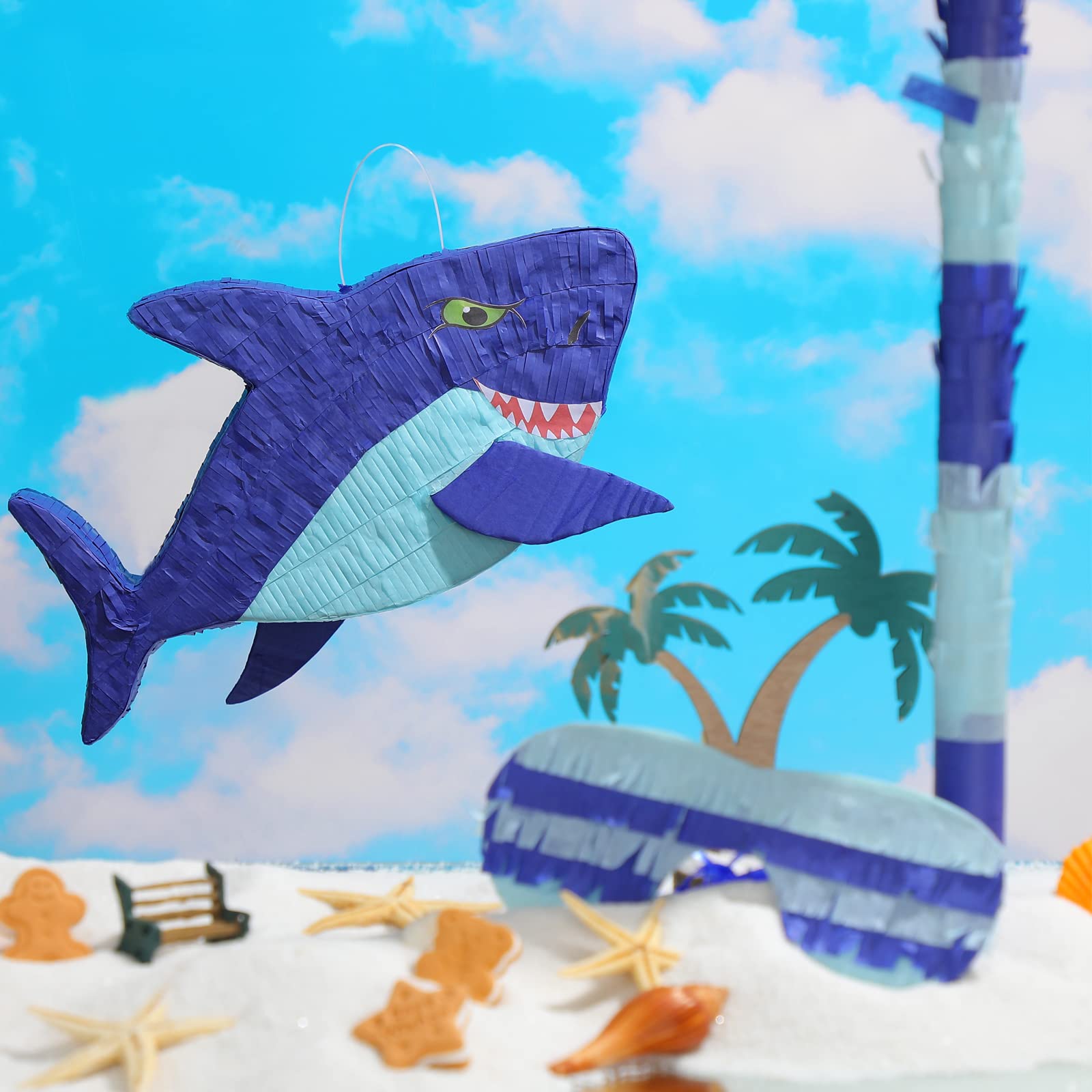 Zhanmai Shark Piñata – 15.7in Ocean Party Kit with Blindfold, Bat & Confetti