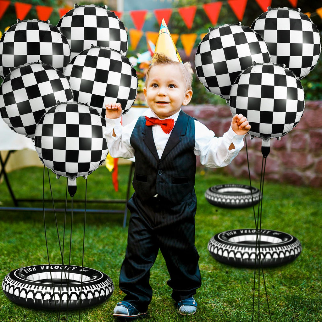 Zhanmai 14-Piece Car Decorations Set - Racing Cars Birthday Party Supplies, 18-Inch Plaid Balloons & Tire Floats