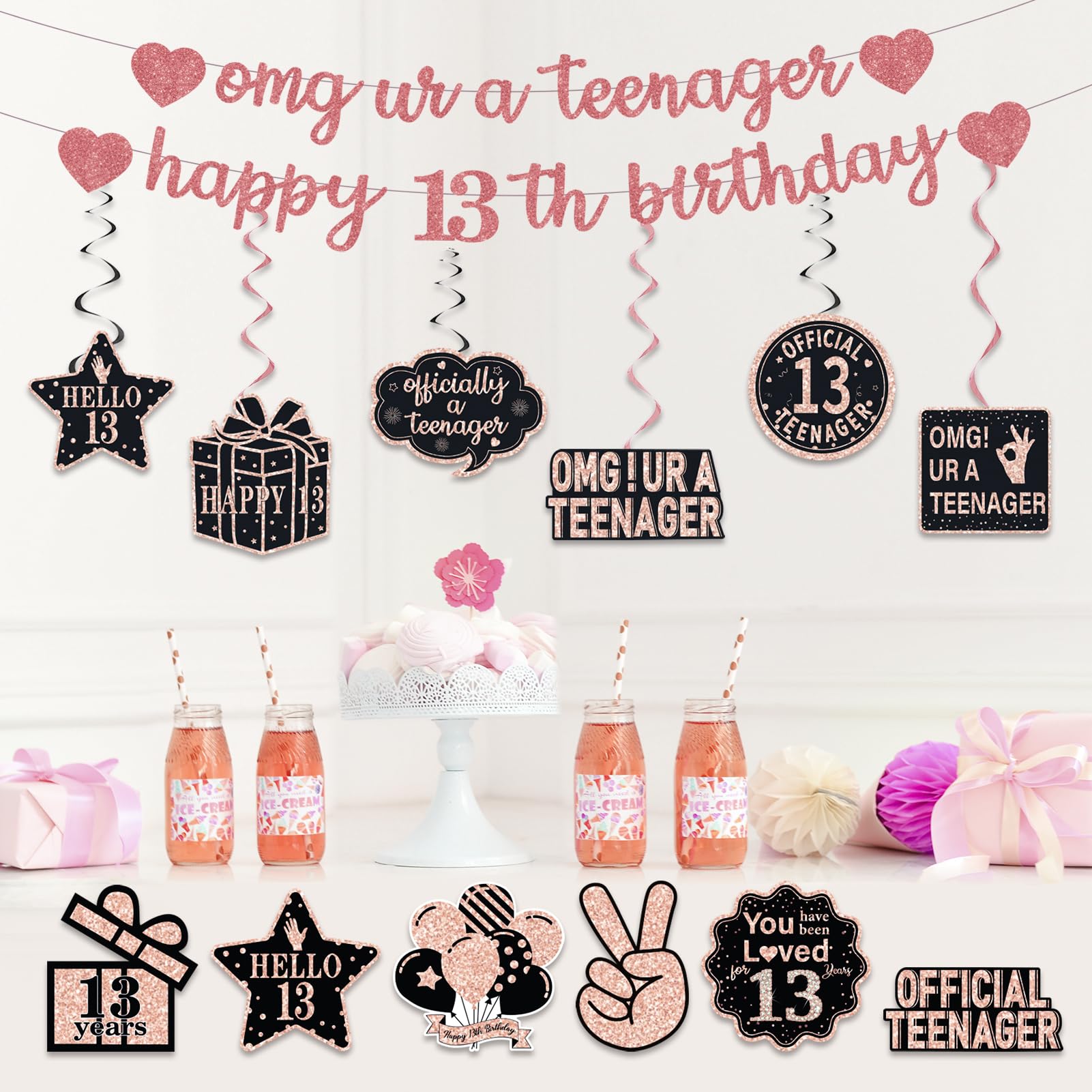ZHAOQIZENG Pre-Strung 13th Birthday Banner – Glitter Rose Gold Party Decor for Girls