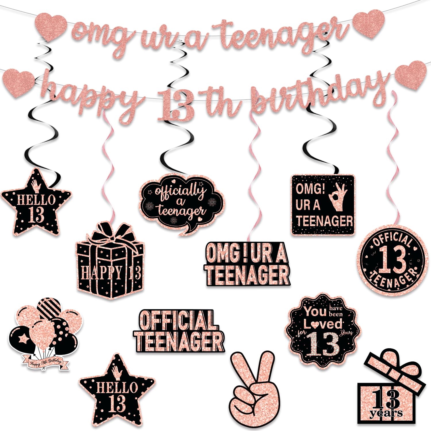 ZHAOQIZENG Pre-Strung 13th Birthday Banner – Glitter Rose Gold Party Decor for Girls